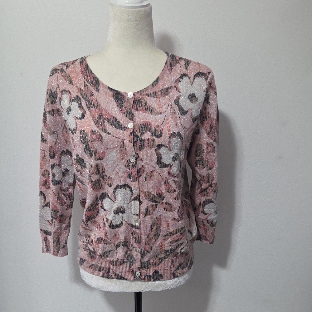 Alfred Dunner Pink Glitter Floral Button-Up Cardigan